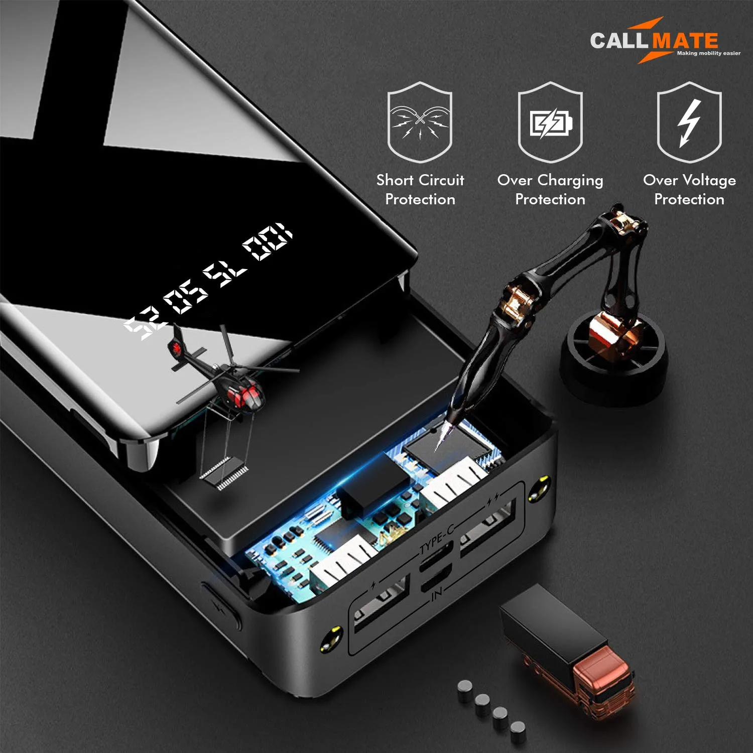 Callmate 30000mAh High Capacity Power Bank, 15W Fast Charging | Digital Display | 2 USB Output Ports and 2 Input | LED Torch| Multi-Layer Protection for iPhone & Smartphones (Black, Lithium Polymer)