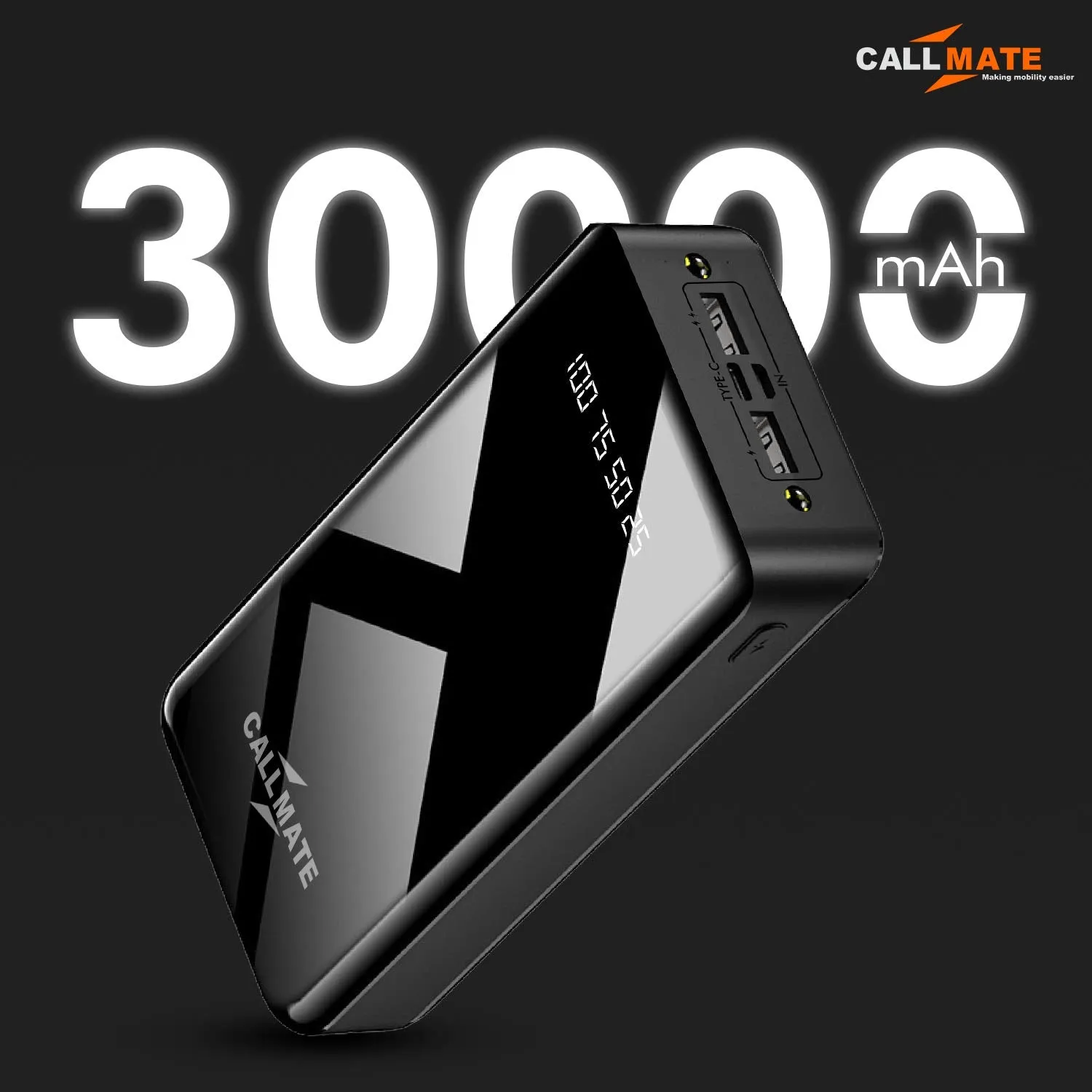 Callmate 30000mAh High Capacity Power Bank, 15W Fast Charging | Digital Display | 2 USB Output Ports and 2 Input | LED Torch| Multi-Layer Protection for iPhone & Smartphones (Black, Lithium Polymer)