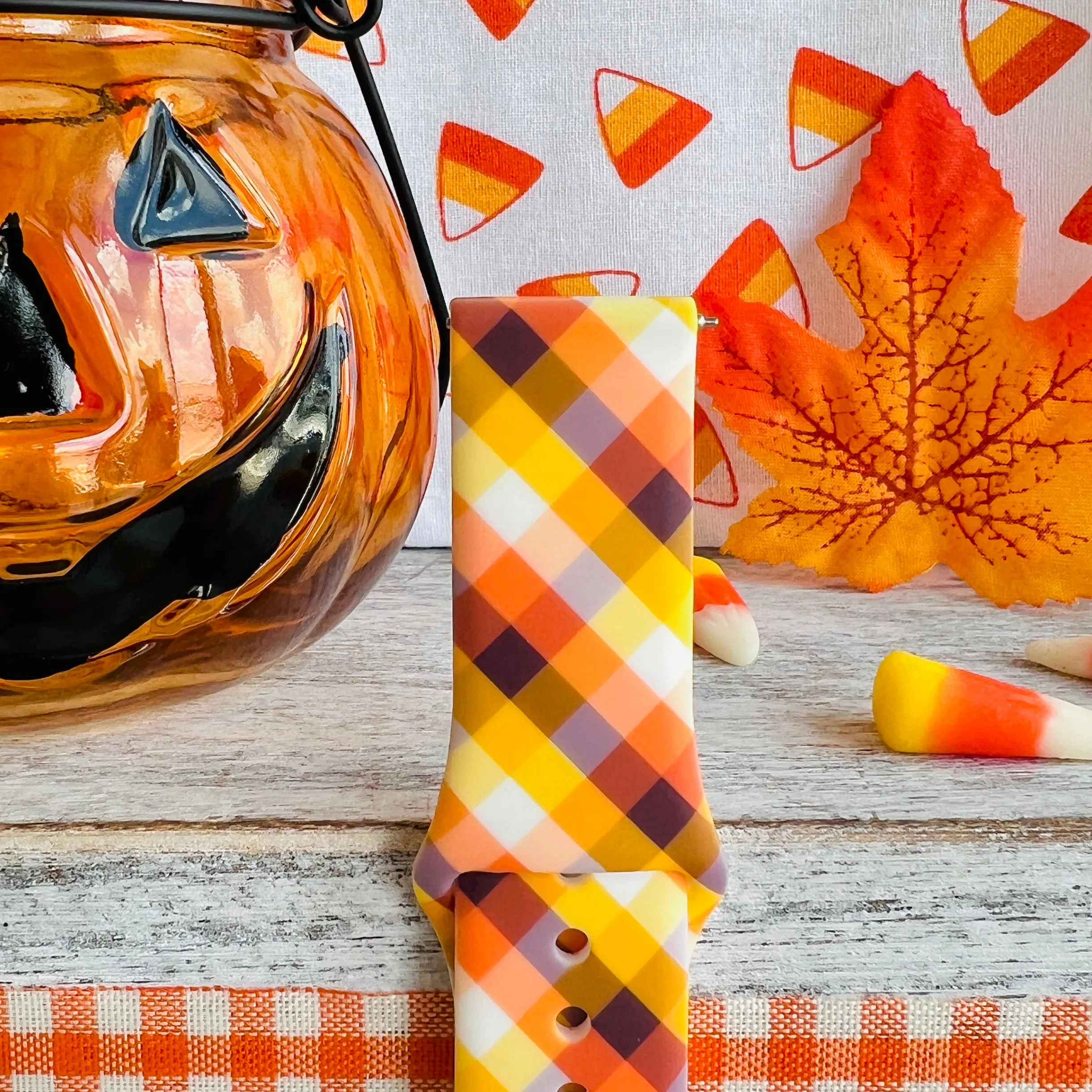 Candy Corn Gingham Print Silicone Band For Fitbit Versa 1/2