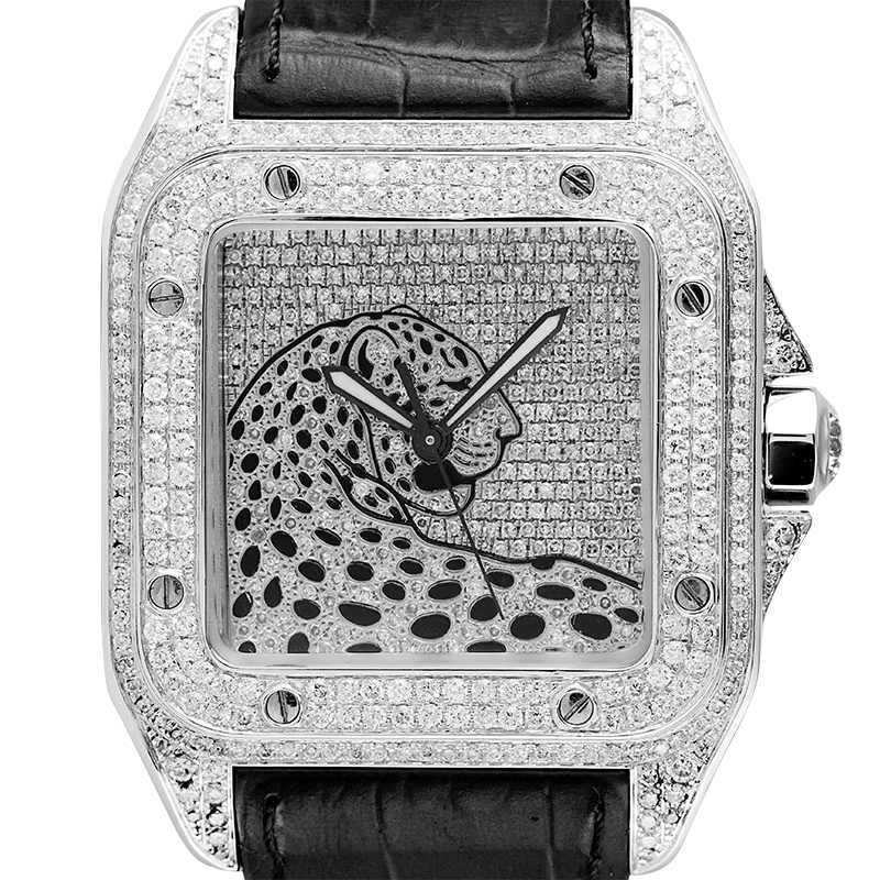 Cartier Santos 100 L Panthère Diamond Set Custom Watch Black Leather Strap W20073X8