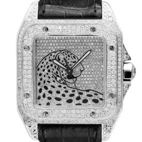 Cartier Santos 100 L Panthère Diamond Set Custom Watch Black Leather Strap W20073X8