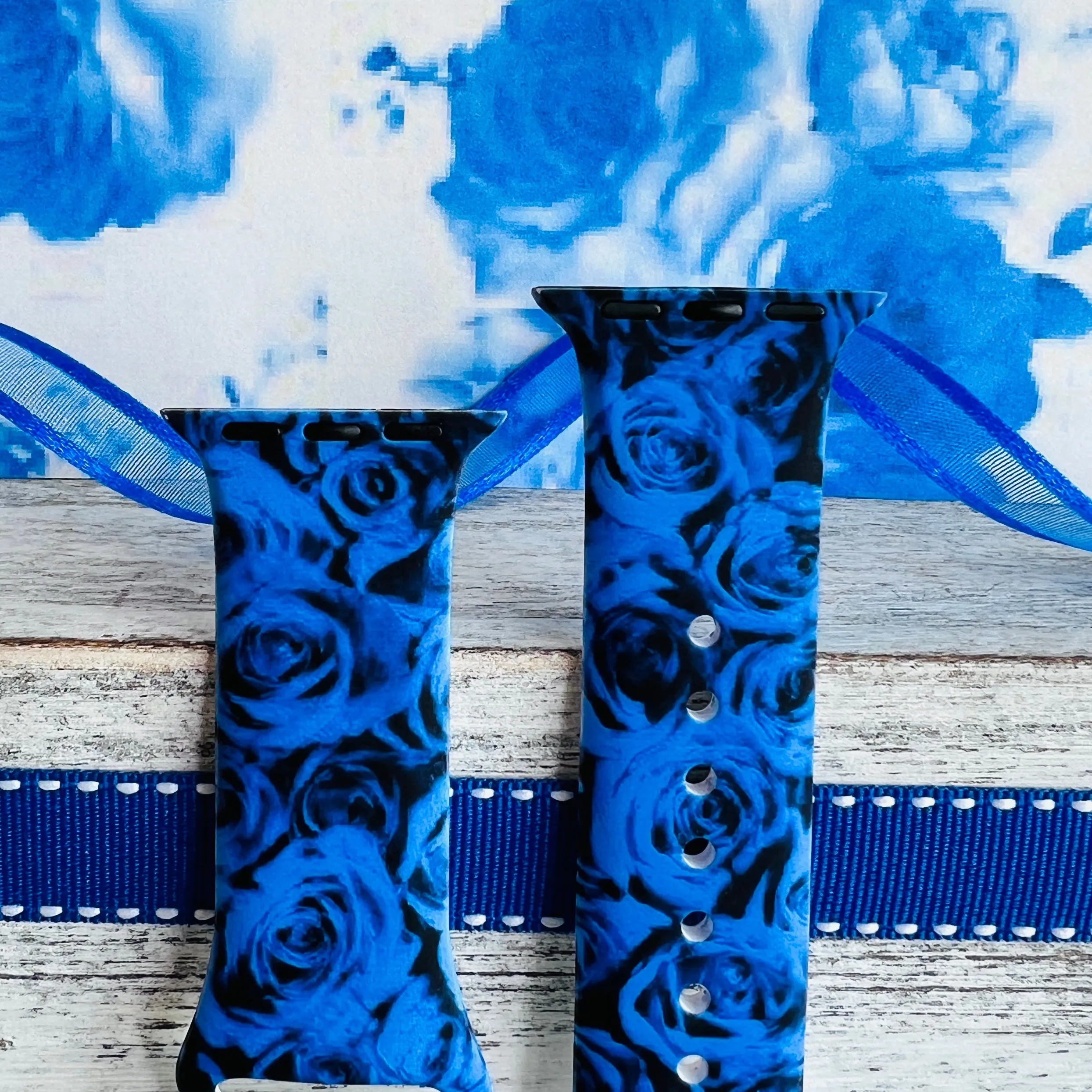 Cobalt Blue Roses Print Silicone Band For Apple Watch