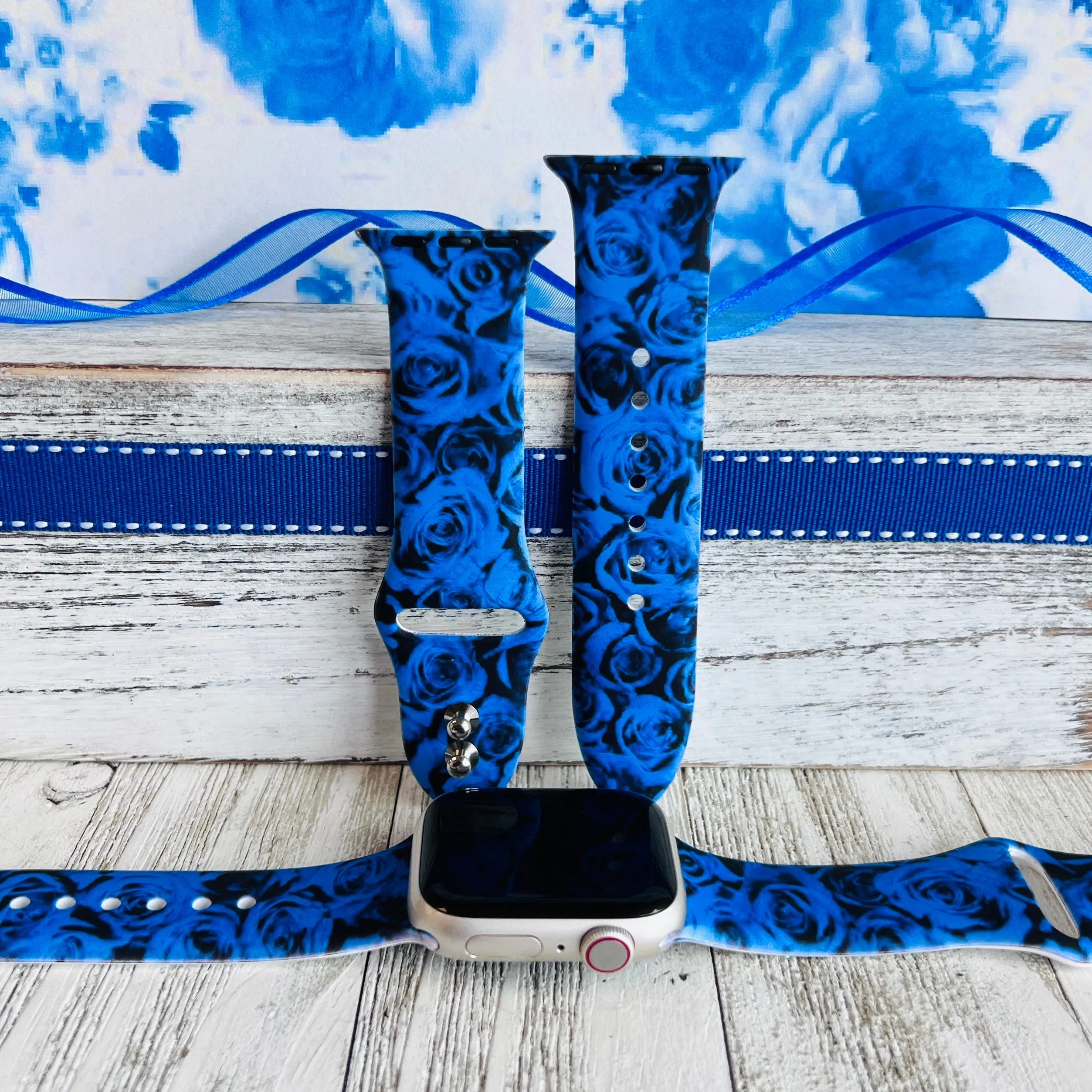 Cobalt Blue Roses Print Silicone Band For Apple Watch