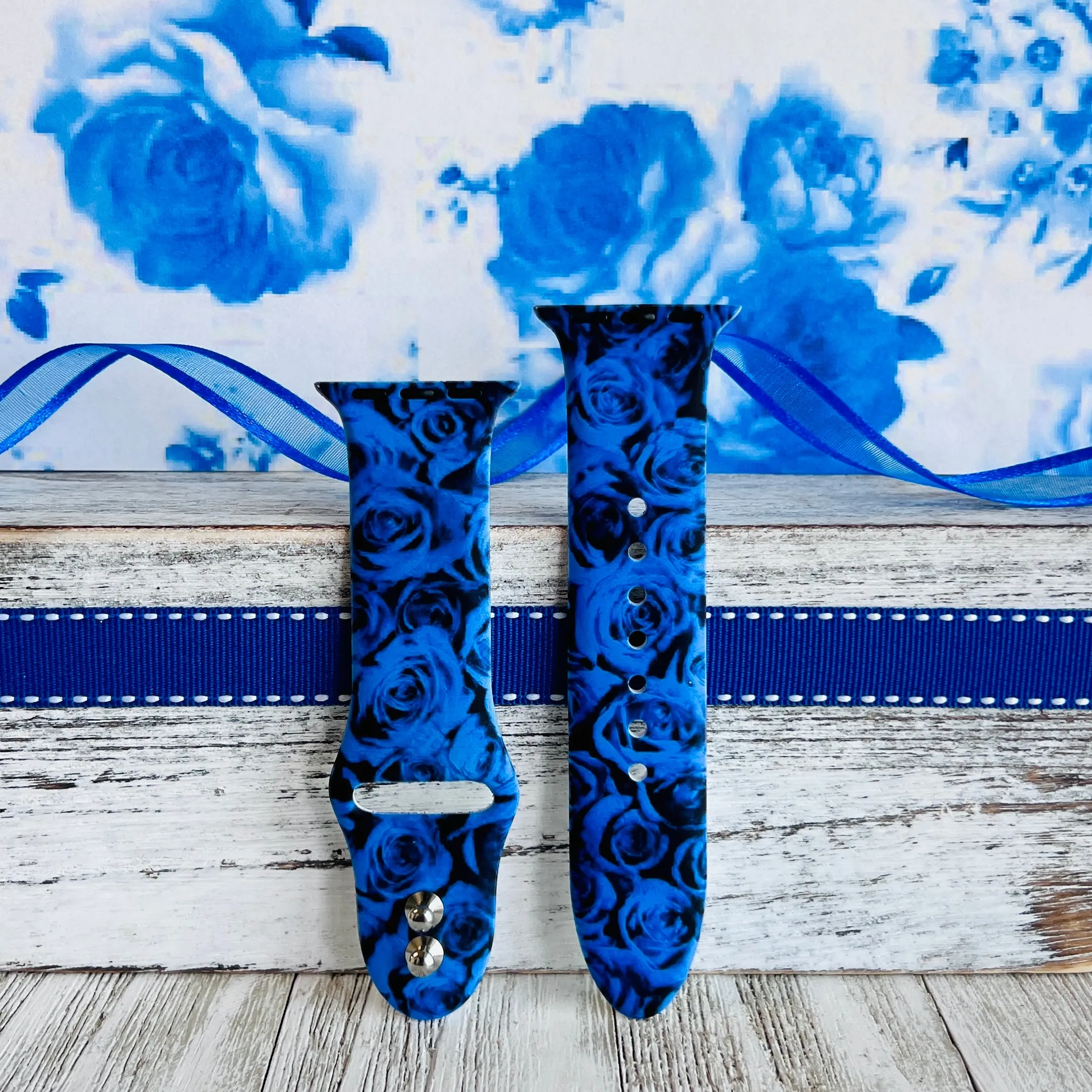 Cobalt Blue Roses Print Silicone Band For Apple Watch