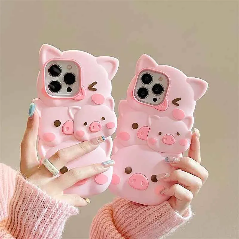 Cute Phone Cases for iPhone 14, 13, 12, and 11 Pro Max models - 3D Funny Pigs - Soft Silicone Cover - TSP251