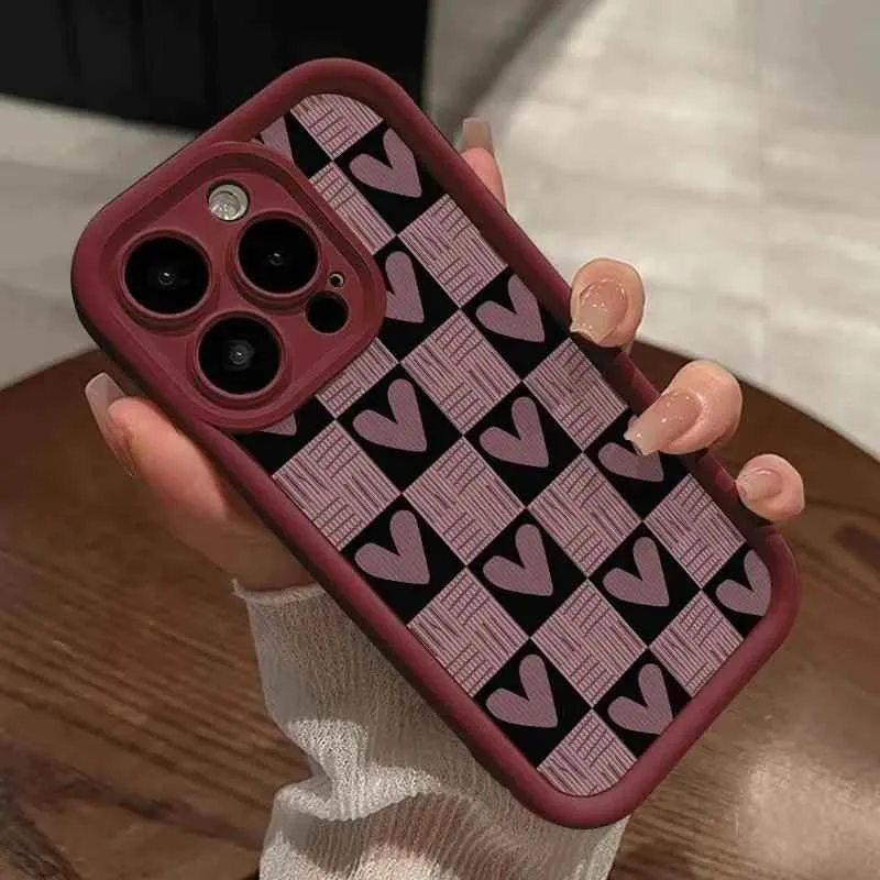 Cute Pink Heart Checkerboard Phone Case - Leather Cover for iPhone 15, 14, 13, 12, and 11 Pro Max