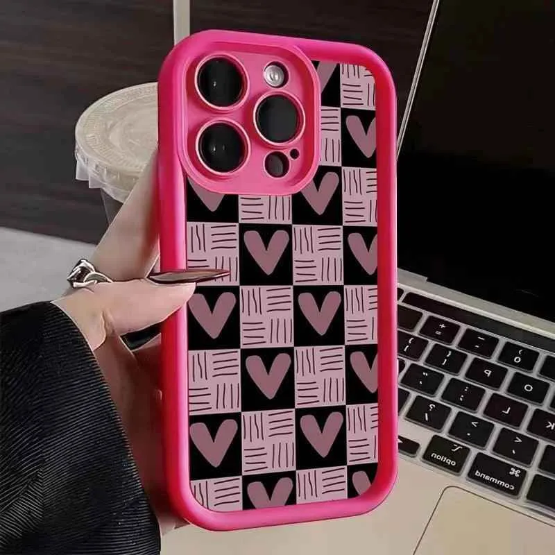 Cute Pink Heart Checkerboard Phone Case - Leather Cover for iPhone 15, 14, 13, 12, and 11 Pro Max