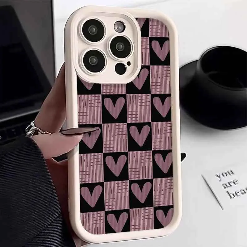 Cute Pink Heart Checkerboard Phone Case - Leather Cover for iPhone 15, 14, 13, 12, and 11 Pro Max