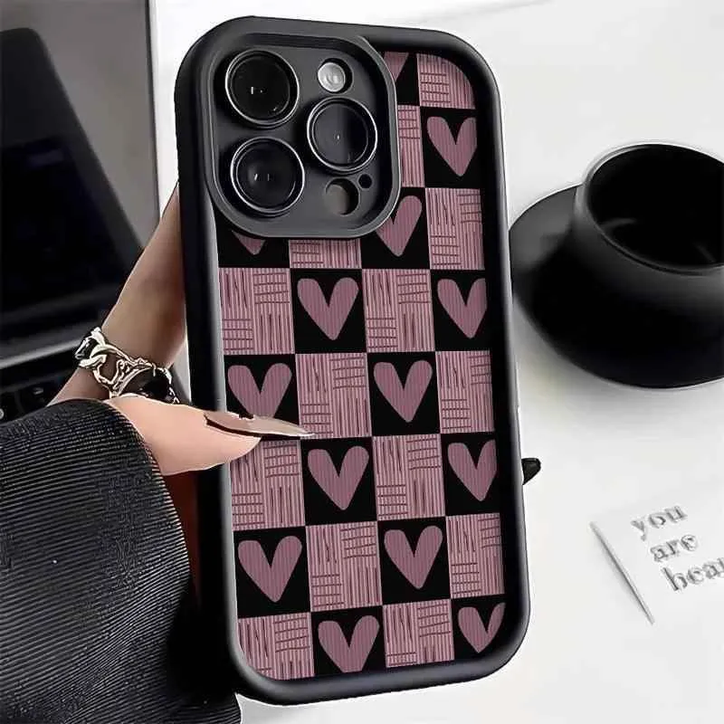 Cute Pink Heart Checkerboard Phone Case - Leather Cover for iPhone 15, 14, 13, 12, and 11 Pro Max