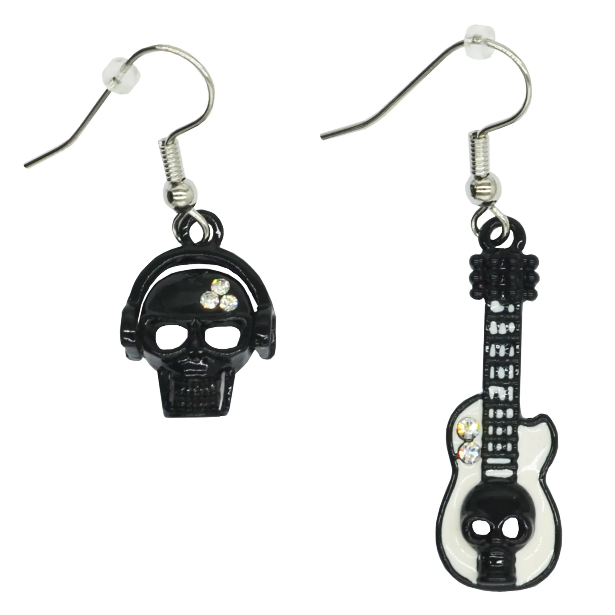 Diamante Stone Skull with Headphones & Diamante Stone Guitar with Skull Earrings