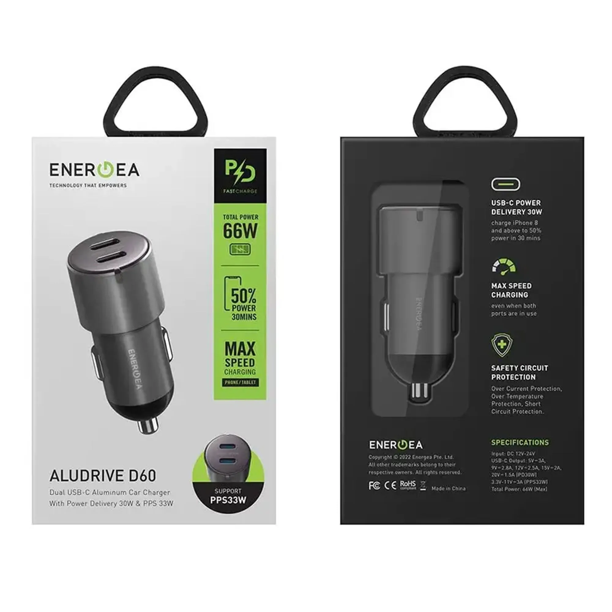 ENERGEA AluDrive D60 Car Charger 66W Max ( 30W PD ) Duo USB-C Port ( Barcode: 6957879424755 )