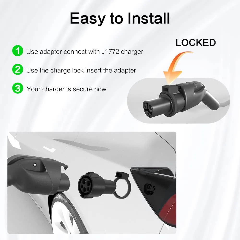 EVBASE J1772 to Tesla Charging Adapter 80A MAX/240VAC with Charger Lock Compatible with Tesla Model 3/Y/S/X