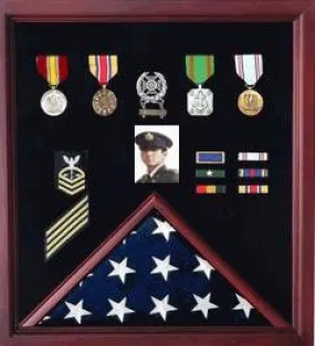 Flag Photo and Badge Display Case, Cherry Case with personal engraving text.