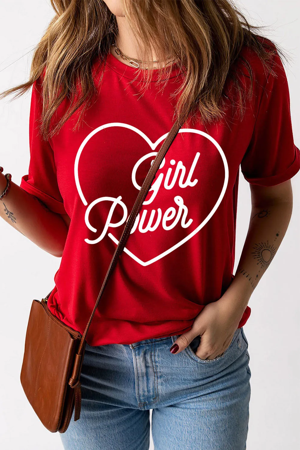 GIRL POWER Heart Graphic Cuffed Tee