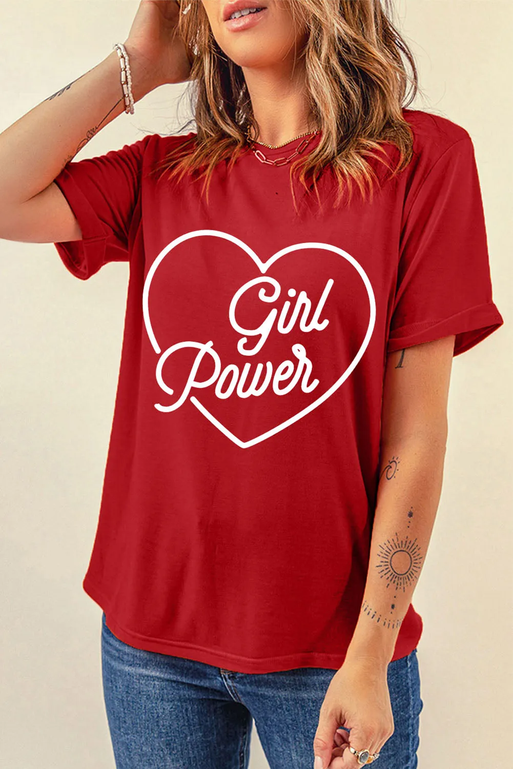 GIRL POWER Heart Graphic Cuffed Tee