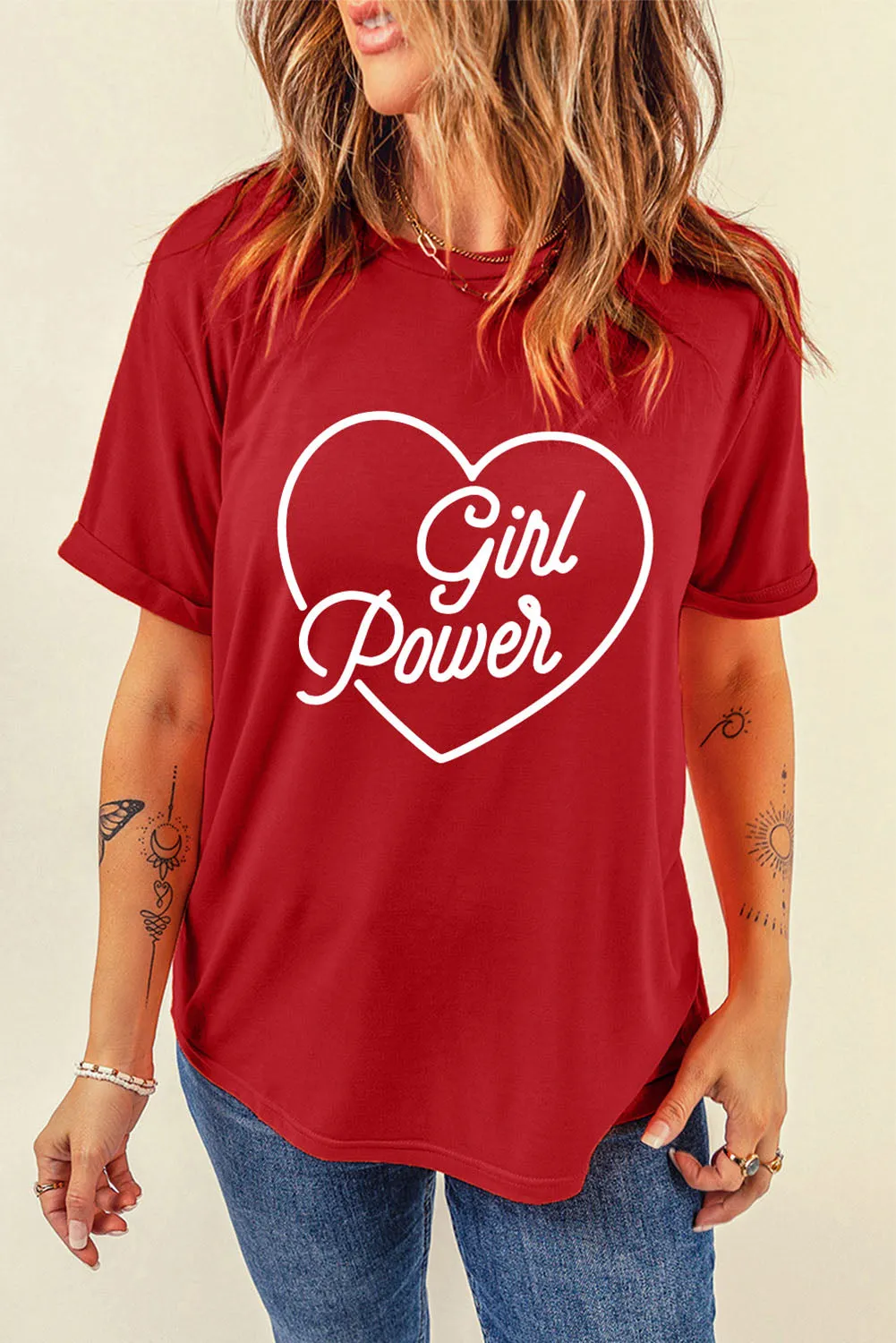 GIRL POWER Heart Graphic Cuffed Tee