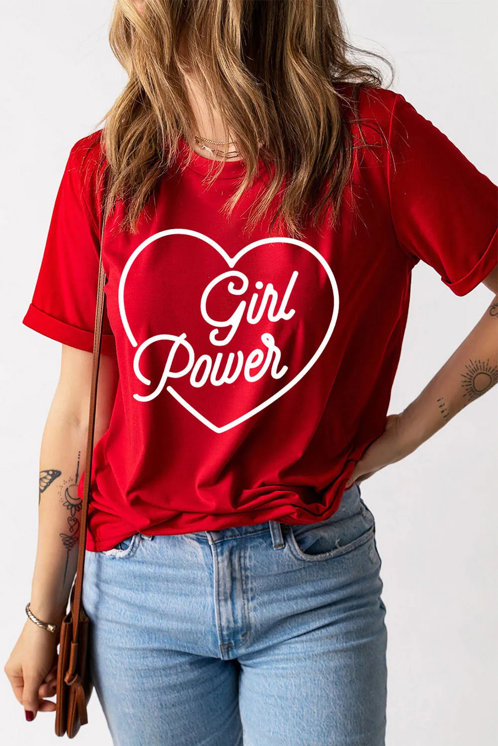 GIRL POWER Heart Graphic Cuffed Tee