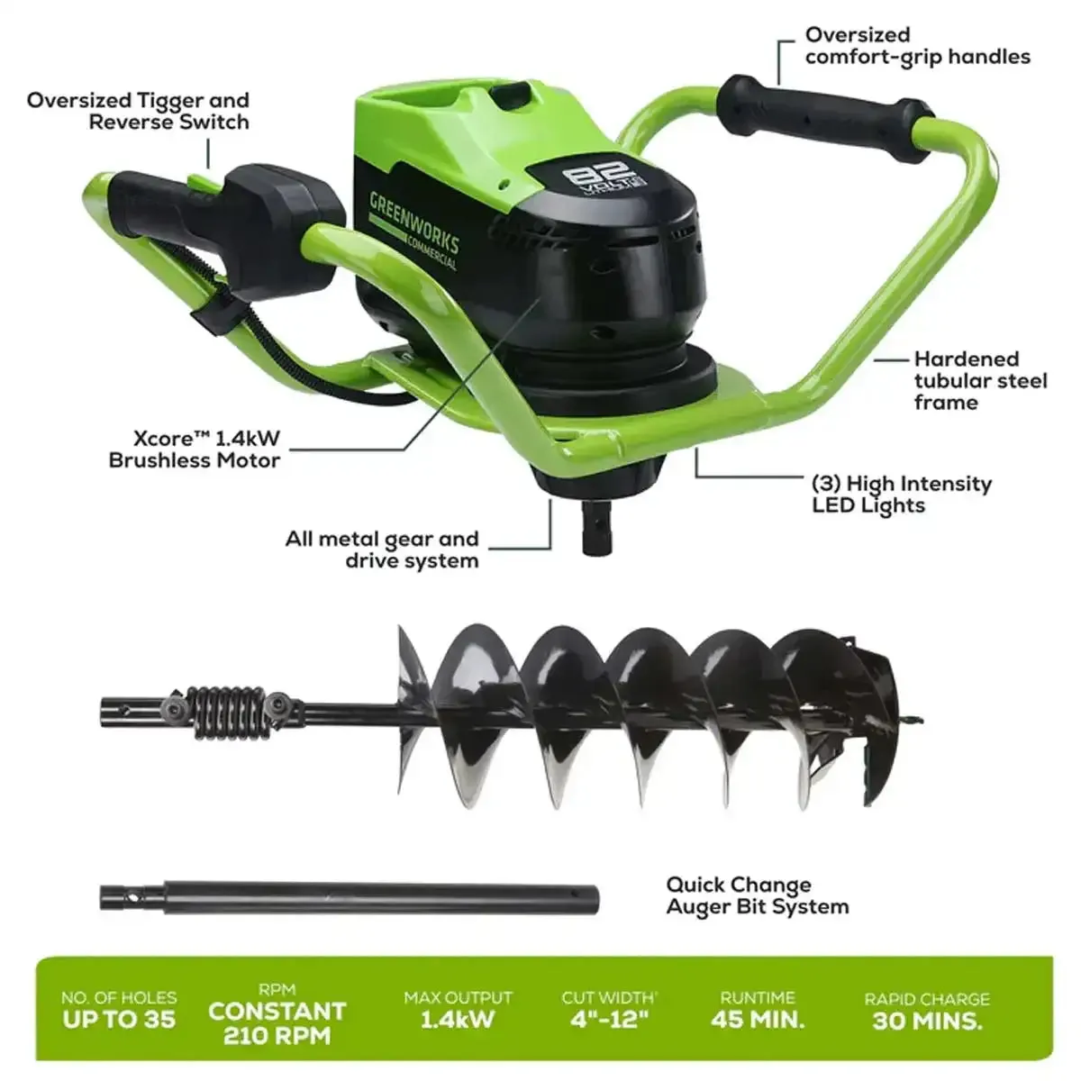 Greenworks 82V Earth Auger Kit with 4Ah Battery and 8A Dual Port Charger