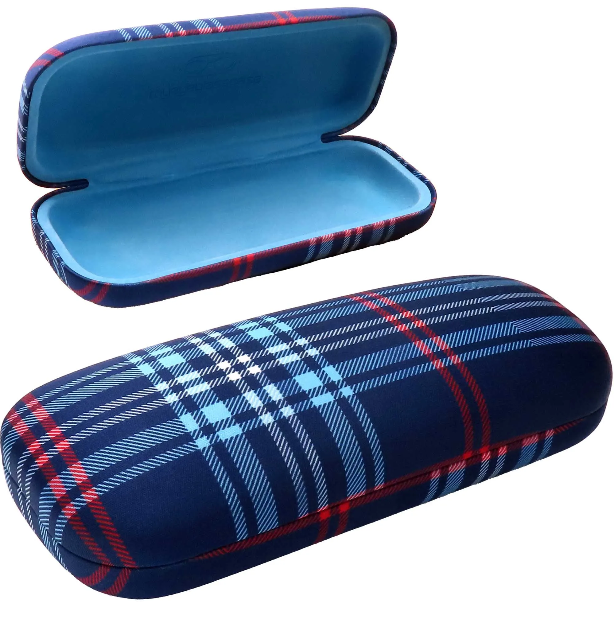 Hard Eyeglasses Case - extra layer with cushion - men glasses case with Cloth & Pouch - for Medium frames (AS126 Plaid Blue)