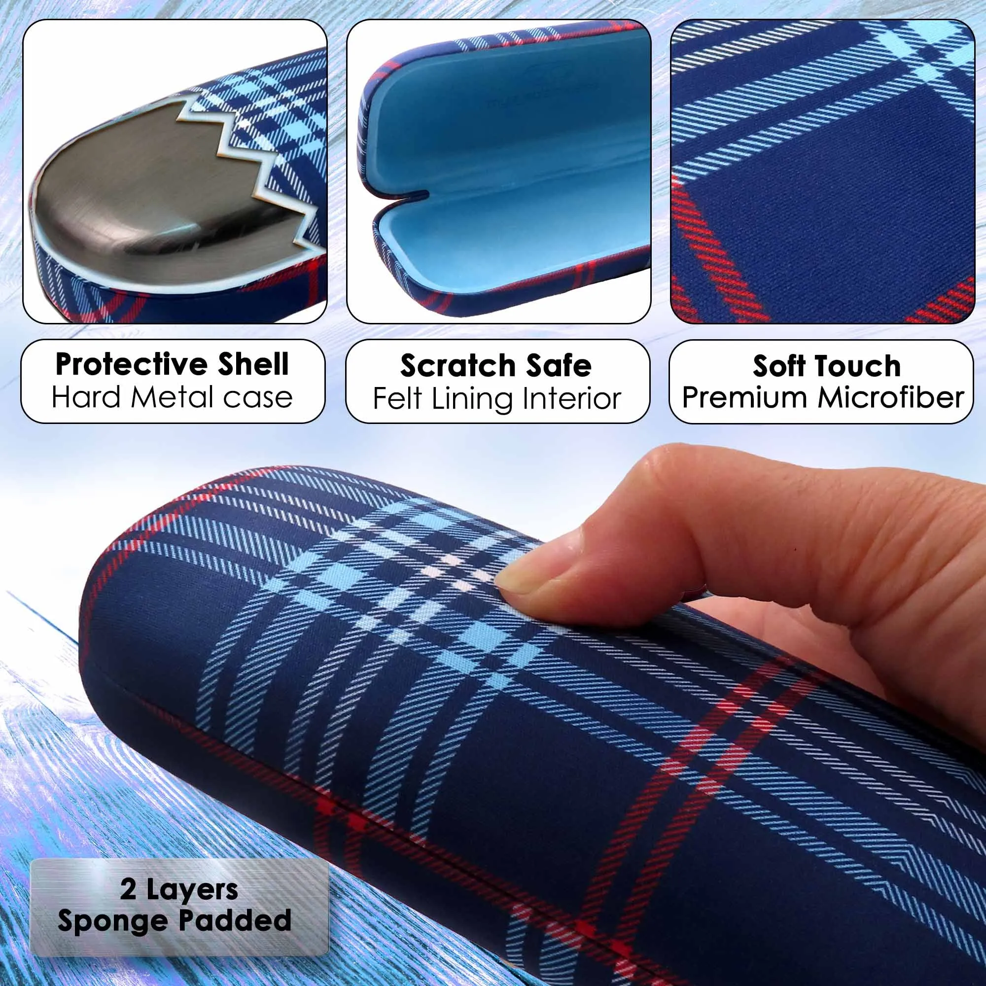 Hard Eyeglasses Case - extra layer with cushion - men glasses case with Cloth & Pouch - for Medium frames (AS126 Plaid Blue)