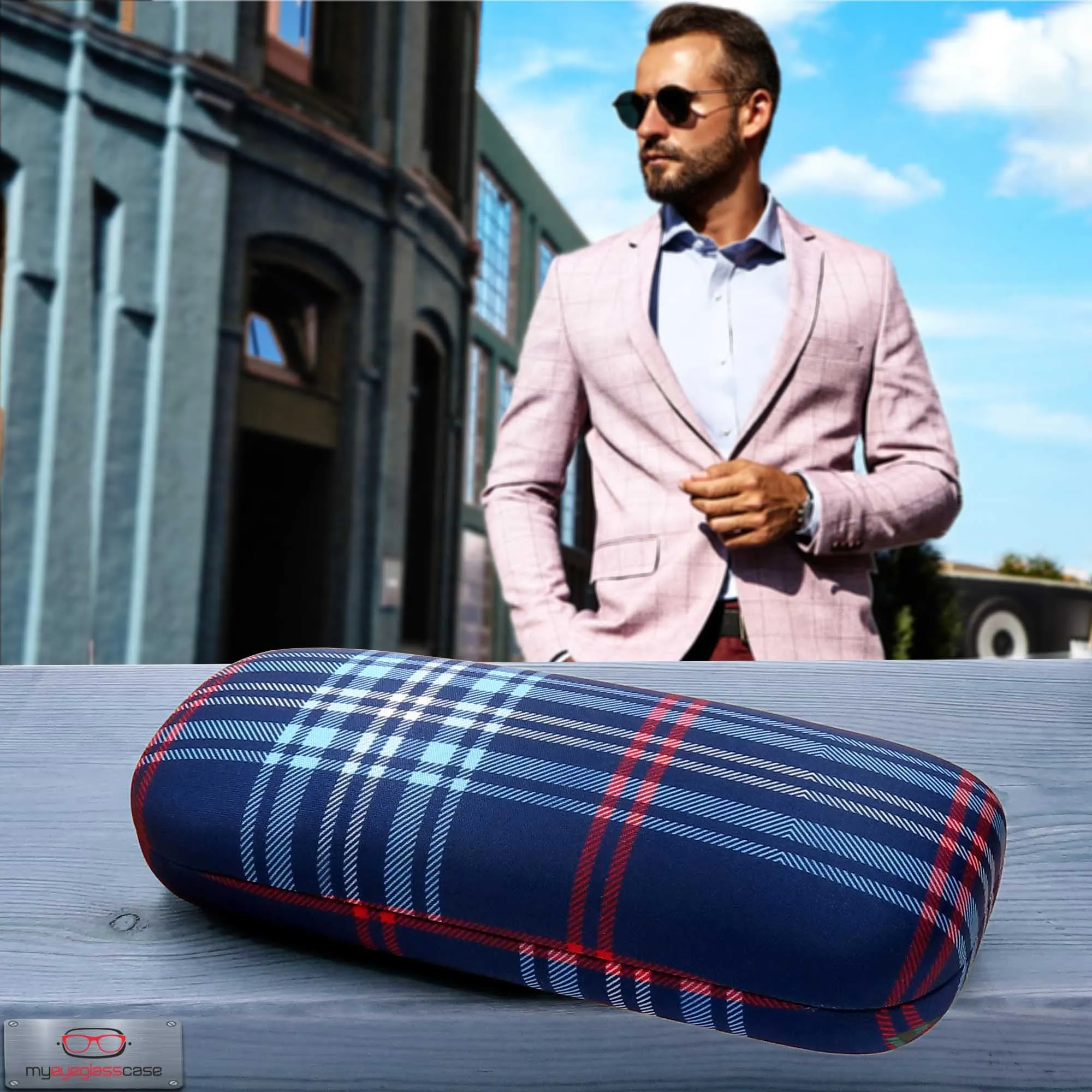 Hard Eyeglasses Case - extra layer with cushion - men glasses case with Cloth & Pouch - for Medium frames (AS126 Plaid Blue)