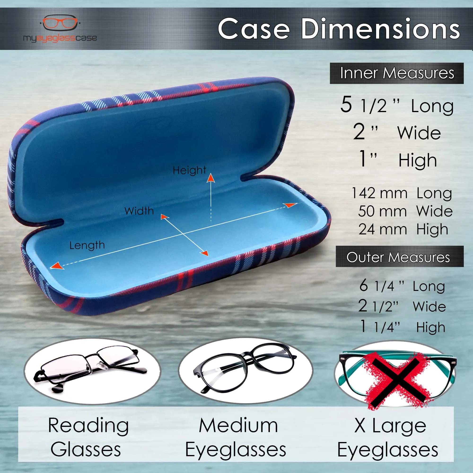 Hard Eyeglasses Case - extra layer with cushion - men glasses case with Cloth & Pouch - for Medium frames (AS126 Plaid Blue)