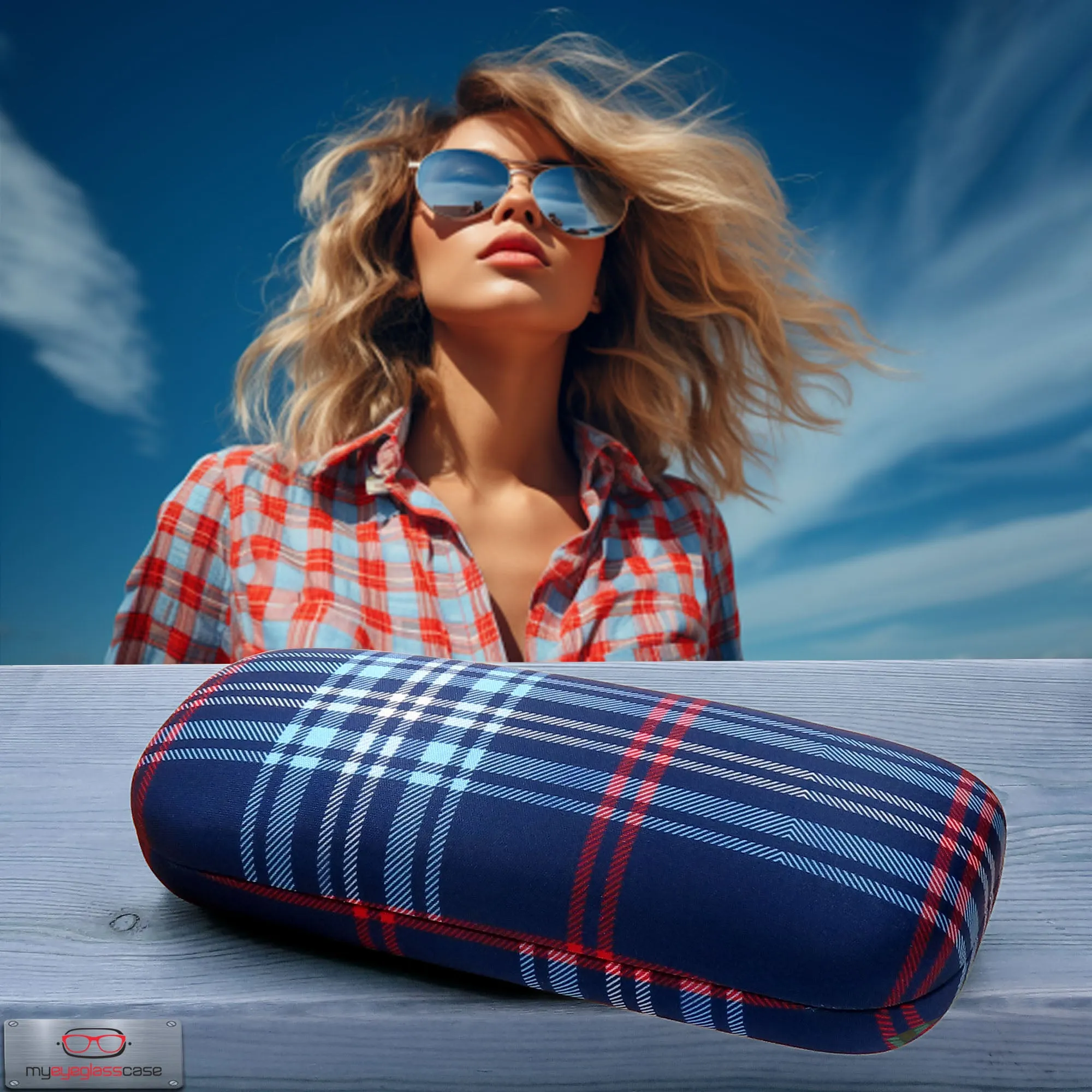 Hard Eyeglasses Case - extra layer with cushion - men glasses case with Cloth & Pouch - for Medium frames (AS126 Plaid Blue)