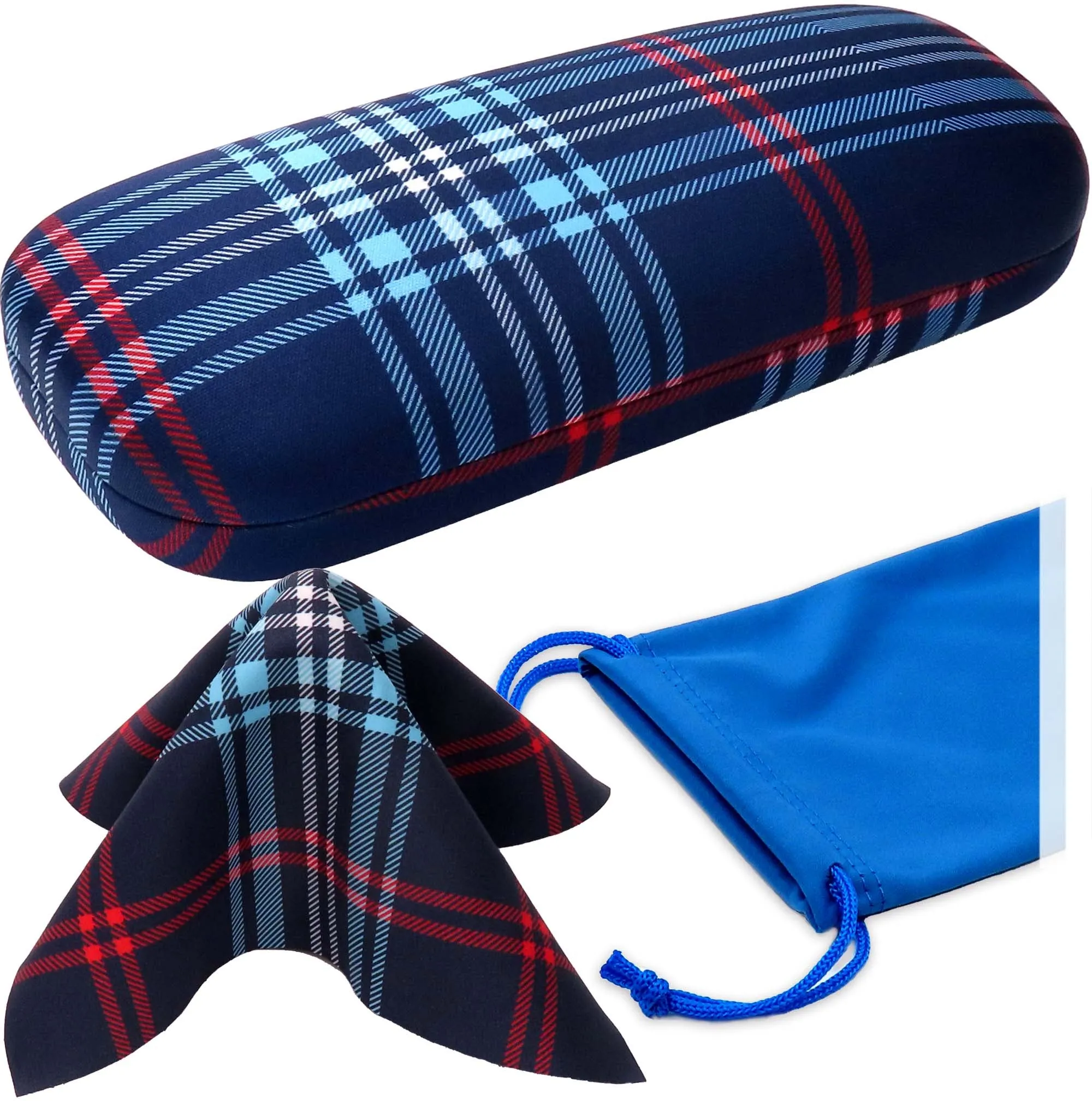 Hard Eyeglasses Case - extra layer with cushion - men glasses case with Cloth & Pouch - for Medium frames (AS126 Plaid Blue)