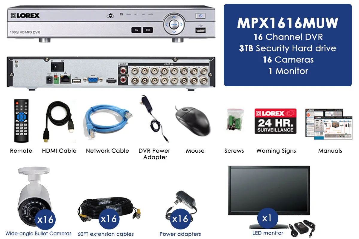 HD 1080p Surveillance Camera System with Free 24"" LED Monitor and 16 Ultra-Wide 160