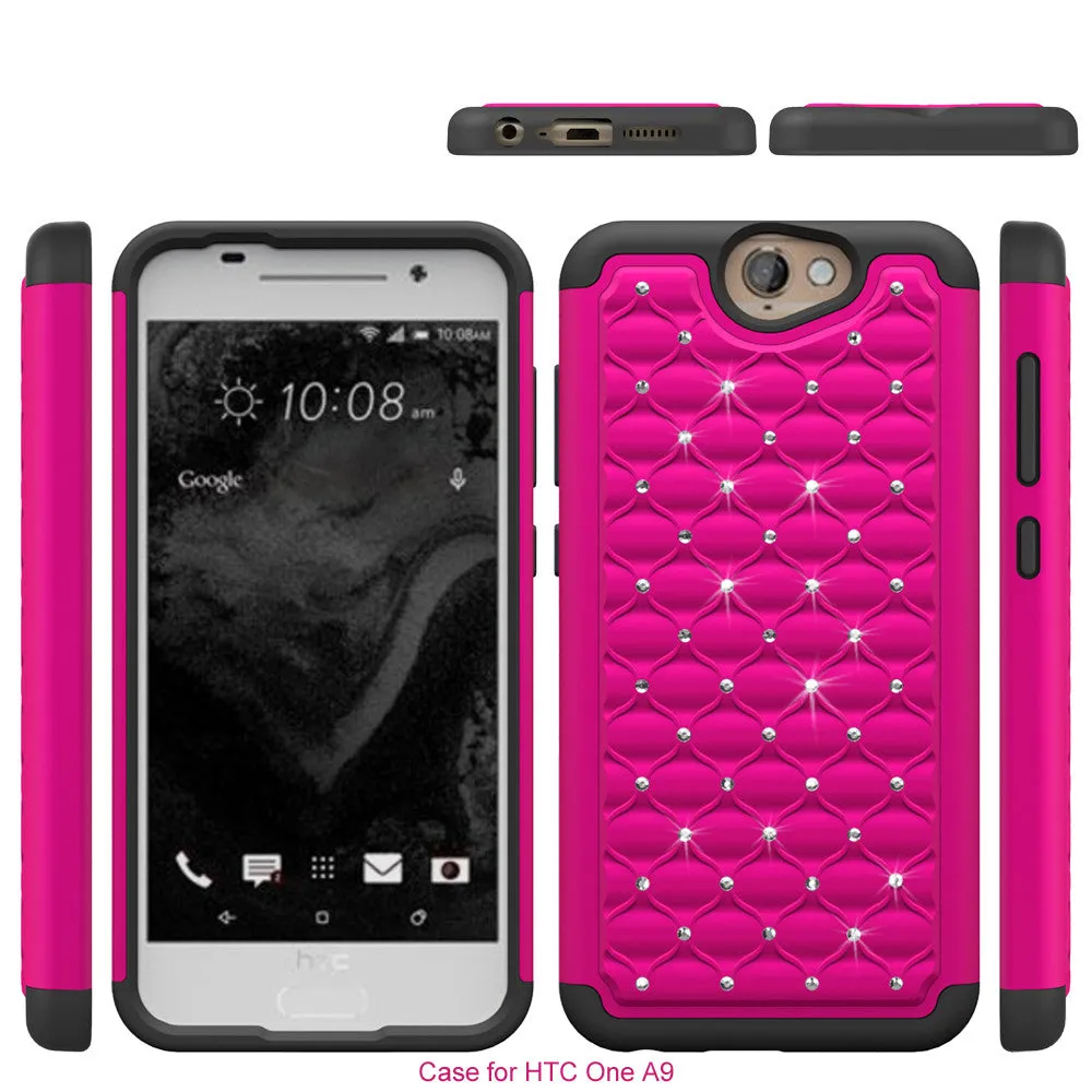 HTC One A9 Rhinestone Case , Slim Hybrid Dual Layer[Shock Resistant] Crystal Rhinestone Studded Case Cover - Hot Pink/Black