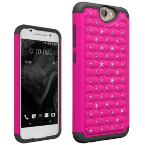 HTC One A9 Rhinestone Case , Slim Hybrid Dual Layer[Shock Resistant] Crystal Rhinestone Studded Case Cover - Hot Pink/Black