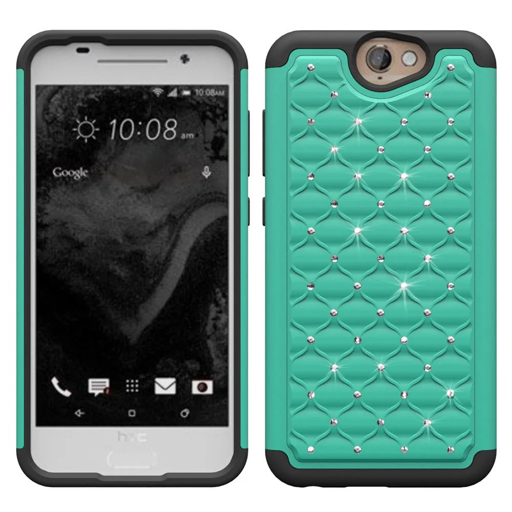 HTC One A9 Rhinestone Case , Slim Hybrid Dual Layer[Shock Resistant] Crystal Rhinestone Studded Case Cover - Teal/Black