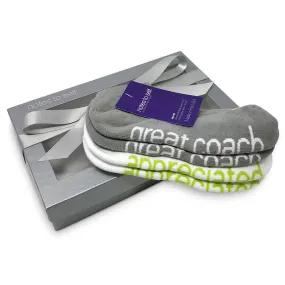 I am a great coach™   I am appreciated™ socks in silver gift box