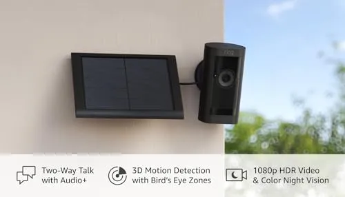 Introducing Ring Stick Up Cam Pro Solar | Two-Way Talk with Audio , 3D Motion Detection with Bird’s Eye Zones, 1080p HDR Video & Color Night Vision (2023 release), Black