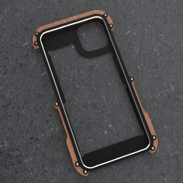 iPhone 13 Series R-Just Aluminium & Natural Wood Anti-shock Bumper Case