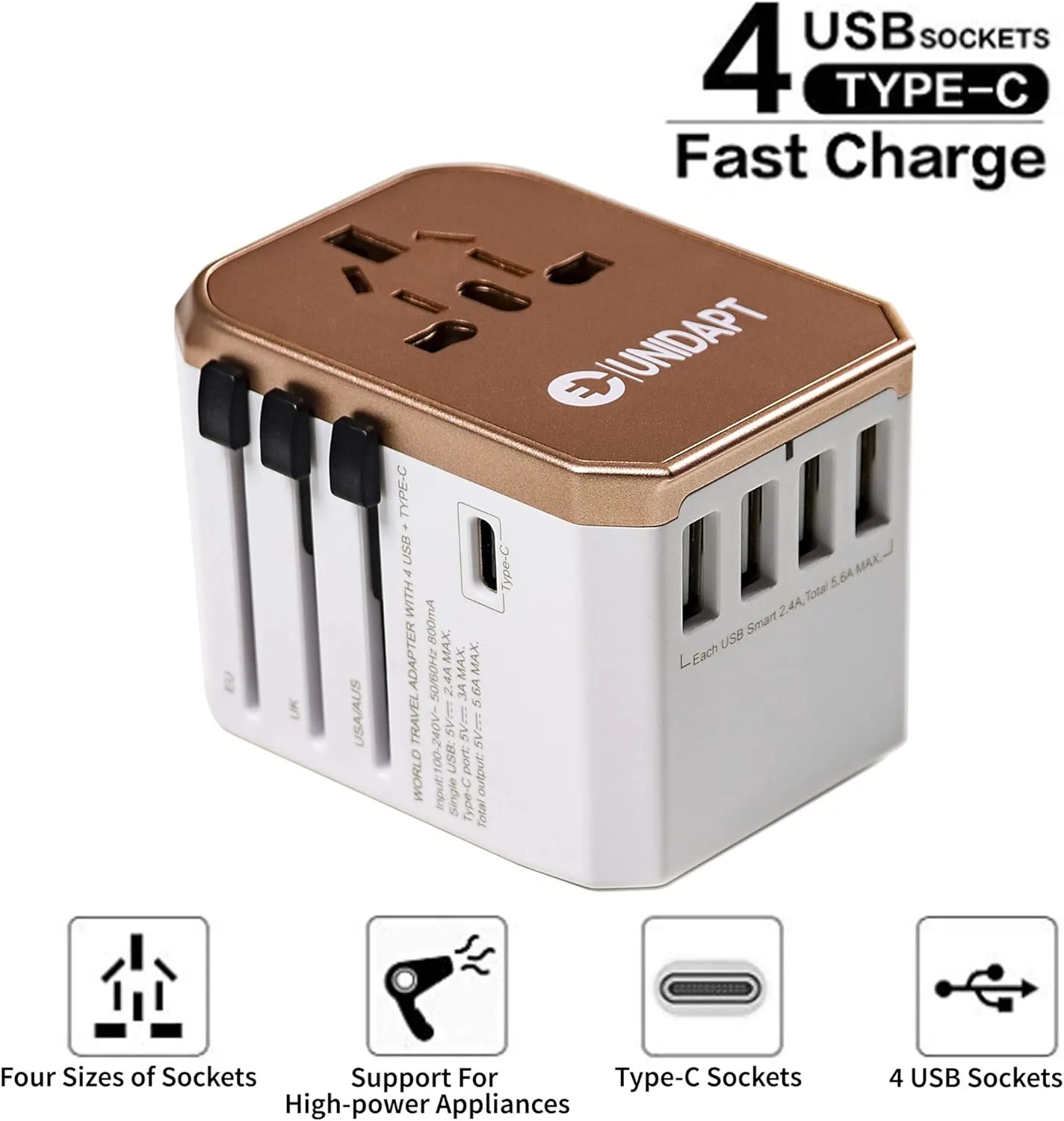 ITEM# 0193   Unidapt Universal Travel Adapter with International Plug, 5.6A Smart Power 3.0A 4 USB 1 Type C, Power Adapter Travel Charger, Outlet Converter Worldwide (Watch Video)