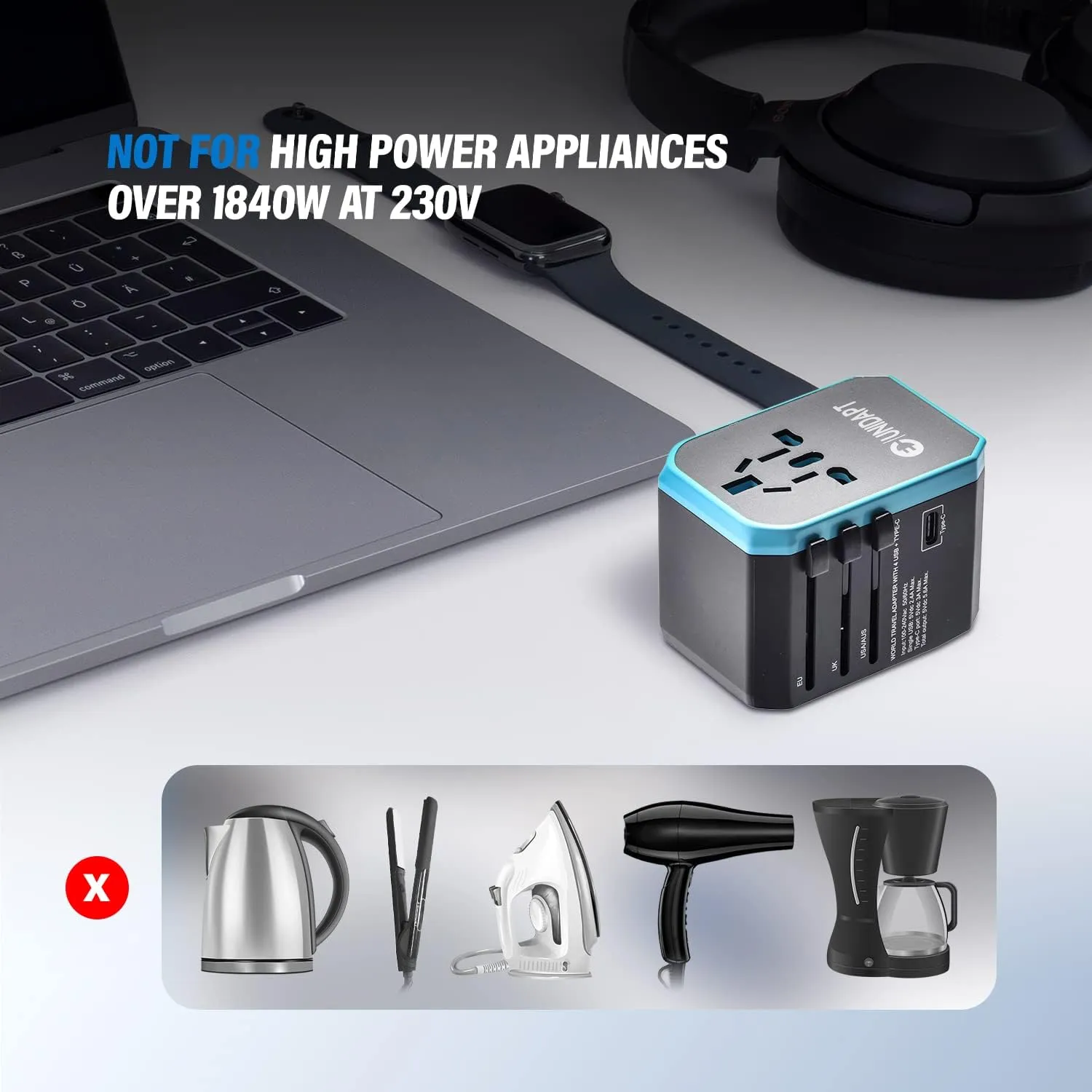 ITEM# 0193   Unidapt Universal Travel Adapter with International Plug, 5.6A Smart Power 3.0A 4 USB 1 Type C, Power Adapter Travel Charger, Outlet Converter Worldwide (Watch Video)