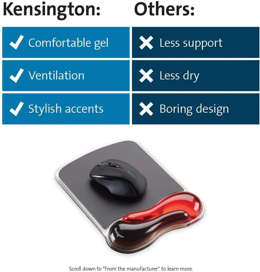 Kensington Ergonomic Duo Gel Mouse Mat with Wrist Support – Red/Black (62402), Compatible with Laser & Optical Mice for PC, Laptop, Office, Gaming