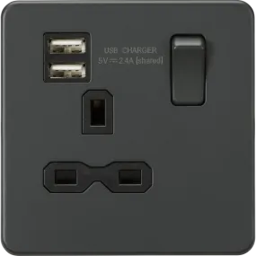 Knightsbridge Screwless 13A 1 Gang Switched Socket Dual USB Anthracite