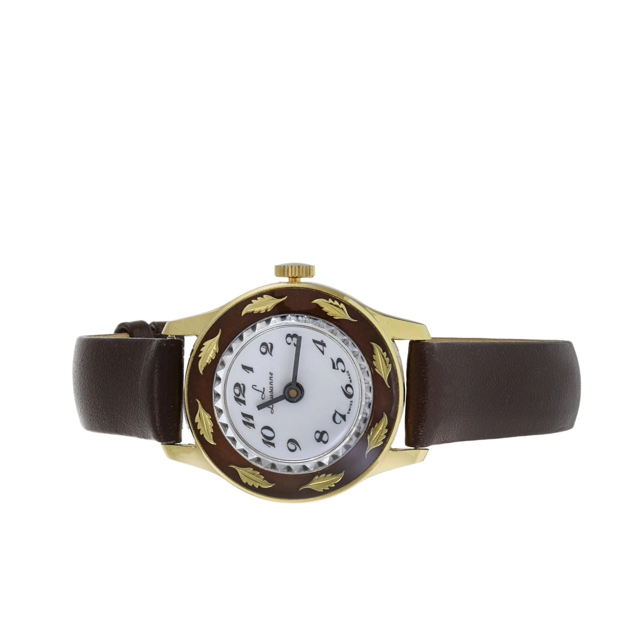 Laussane Gold Top Watch Leaf Pattern Bezel.