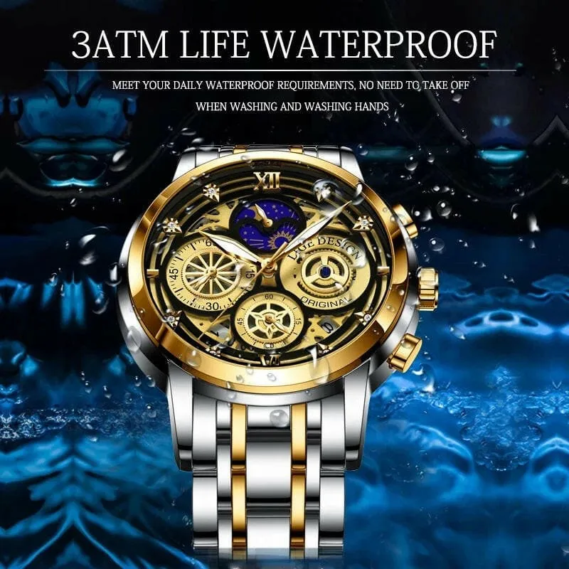 Luxury Mens Quartz Skeleton Waterproof Multifunctional Watch