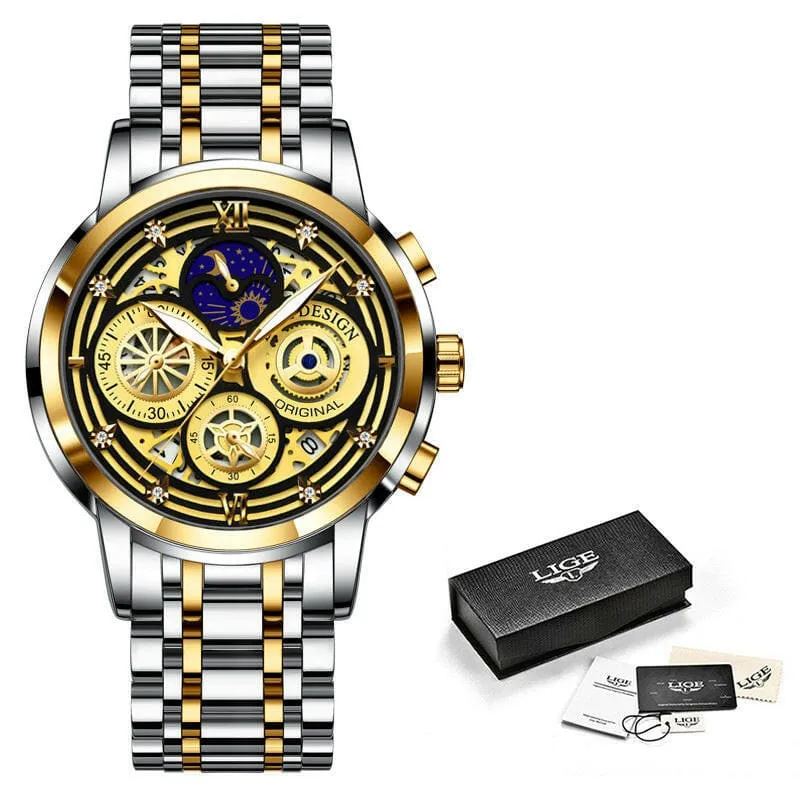 Luxury Mens Quartz Skeleton Waterproof Multifunctional Watch