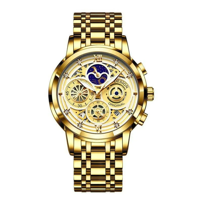 Luxury Mens Quartz Skeleton Waterproof Multifunctional Watch