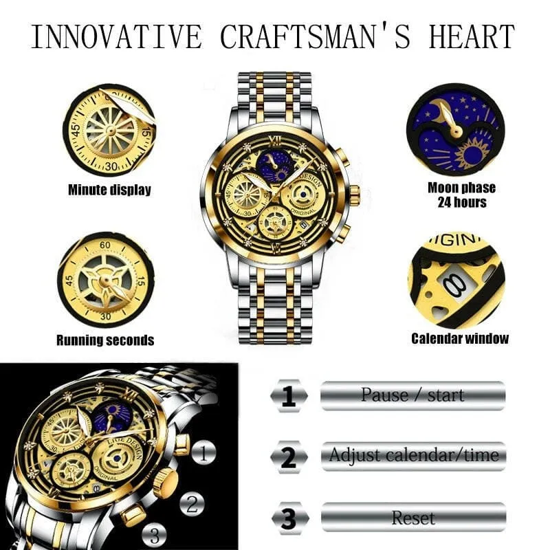 Luxury Mens Quartz Skeleton Waterproof Multifunctional Watch