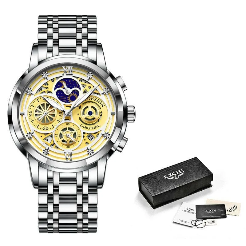 Luxury Mens Quartz Skeleton Waterproof Multifunctional Watch