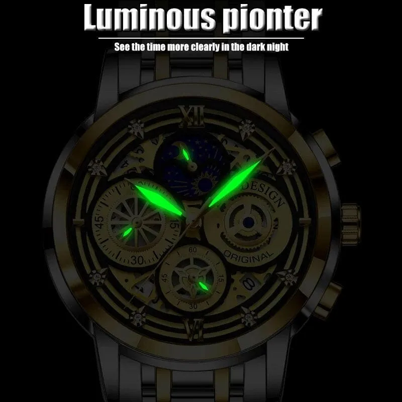 Luxury Mens Quartz Skeleton Waterproof Multifunctional Watch