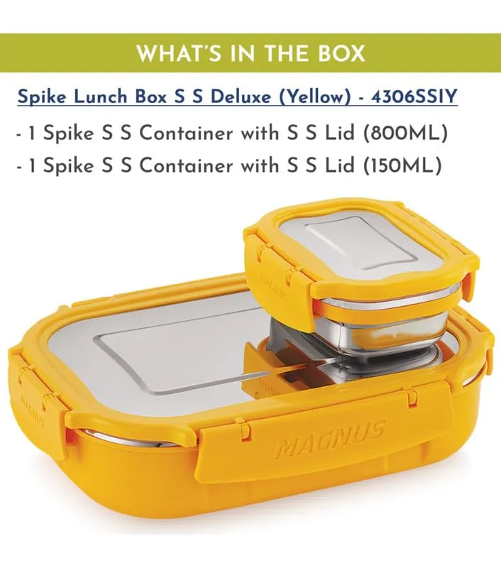 Magnus Spike Lunch Box SP (Yellow) - Stainless Steel Office Lunchbox Set with 800ml & 150ml Leakproof Containers for Men, Women, Kids - Ideal Tiffin for School, Picnic, Airtight & Insulated Design