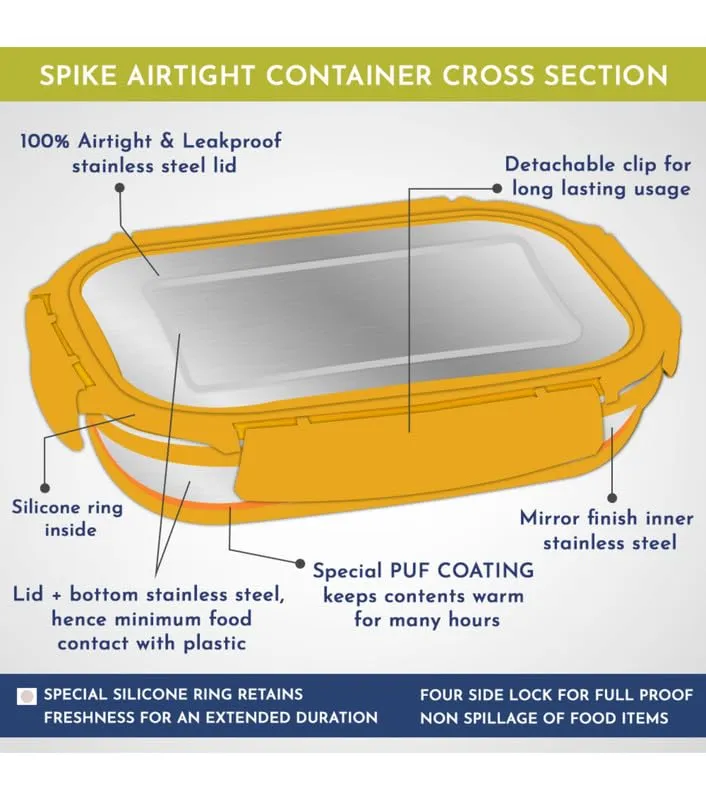 Magnus Spike Lunch Box SP (Yellow) - Stainless Steel Office Lunchbox Set with 800ml & 150ml Leakproof Containers for Men, Women, Kids - Ideal Tiffin for School, Picnic, Airtight & Insulated Design