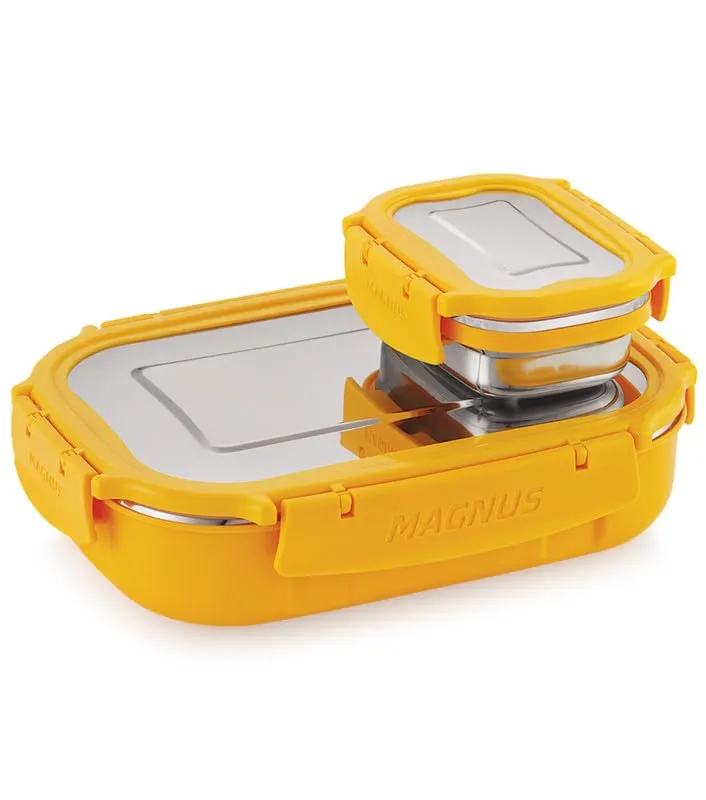 Magnus Spike Lunch Box SP (Yellow) - Stainless Steel Office Lunchbox Set with 800ml & 150ml Leakproof Containers for Men, Women, Kids - Ideal Tiffin for School, Picnic, Airtight & Insulated Design