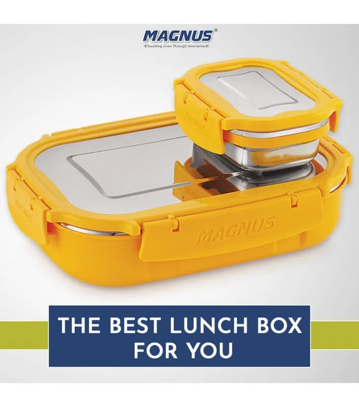 Magnus Spike Lunch Box SP (Yellow) - Stainless Steel Office Lunchbox Set with 800ml & 150ml Leakproof Containers for Men, Women, Kids - Ideal Tiffin for School, Picnic, Airtight & Insulated Design